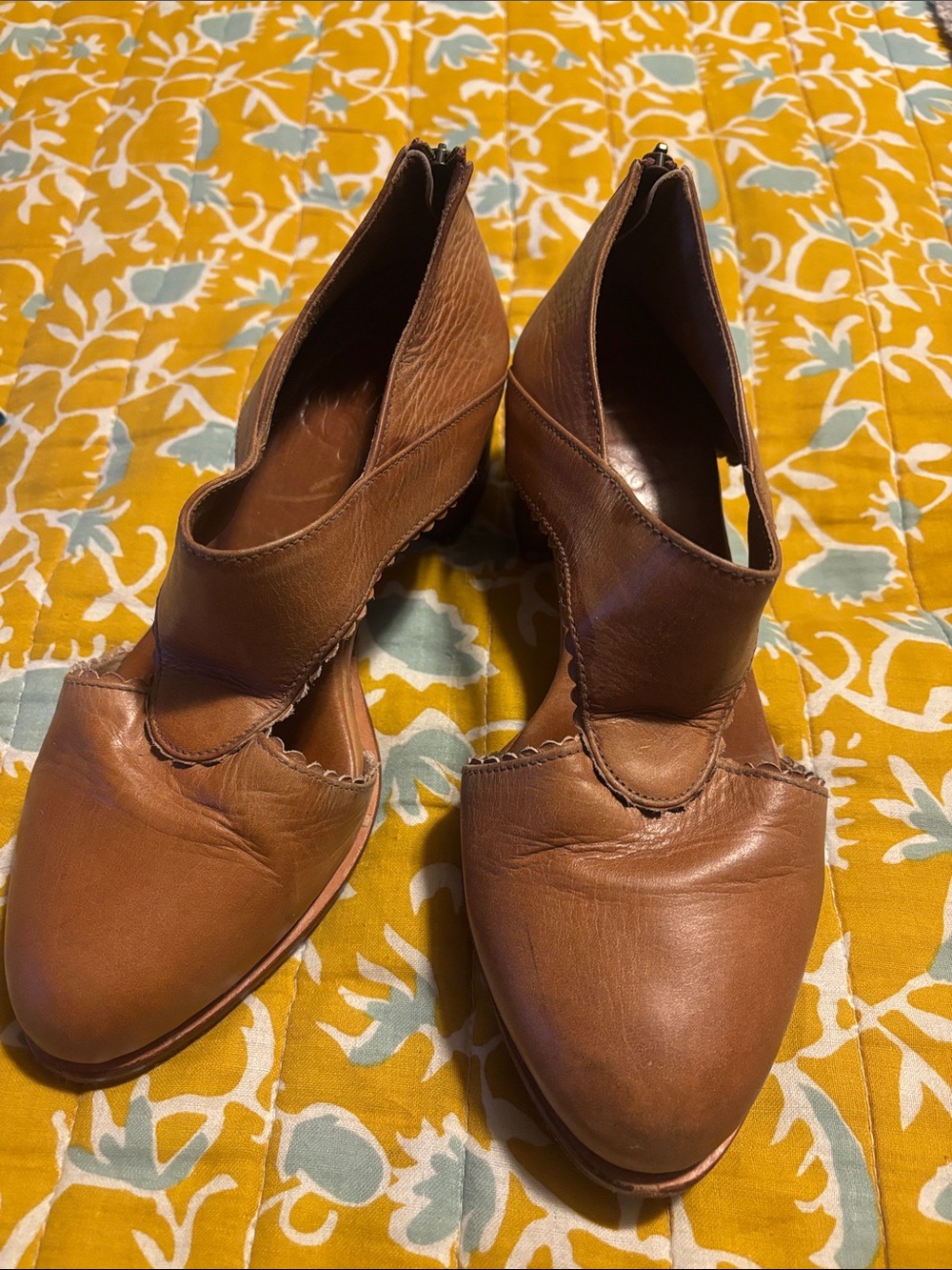 Elf Brown Leather Stacked Heels Cutout Retro 70s Handmade